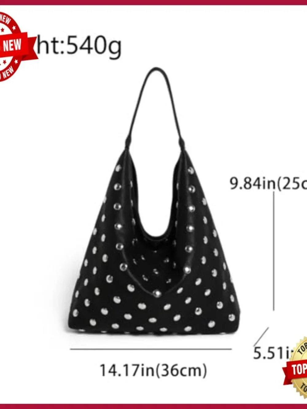 Large Vegan Leather Studded Hobo Bag with Faux Fur Lining